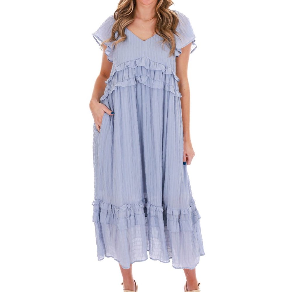 Dusty blue midi dress frm Josie's Boutique